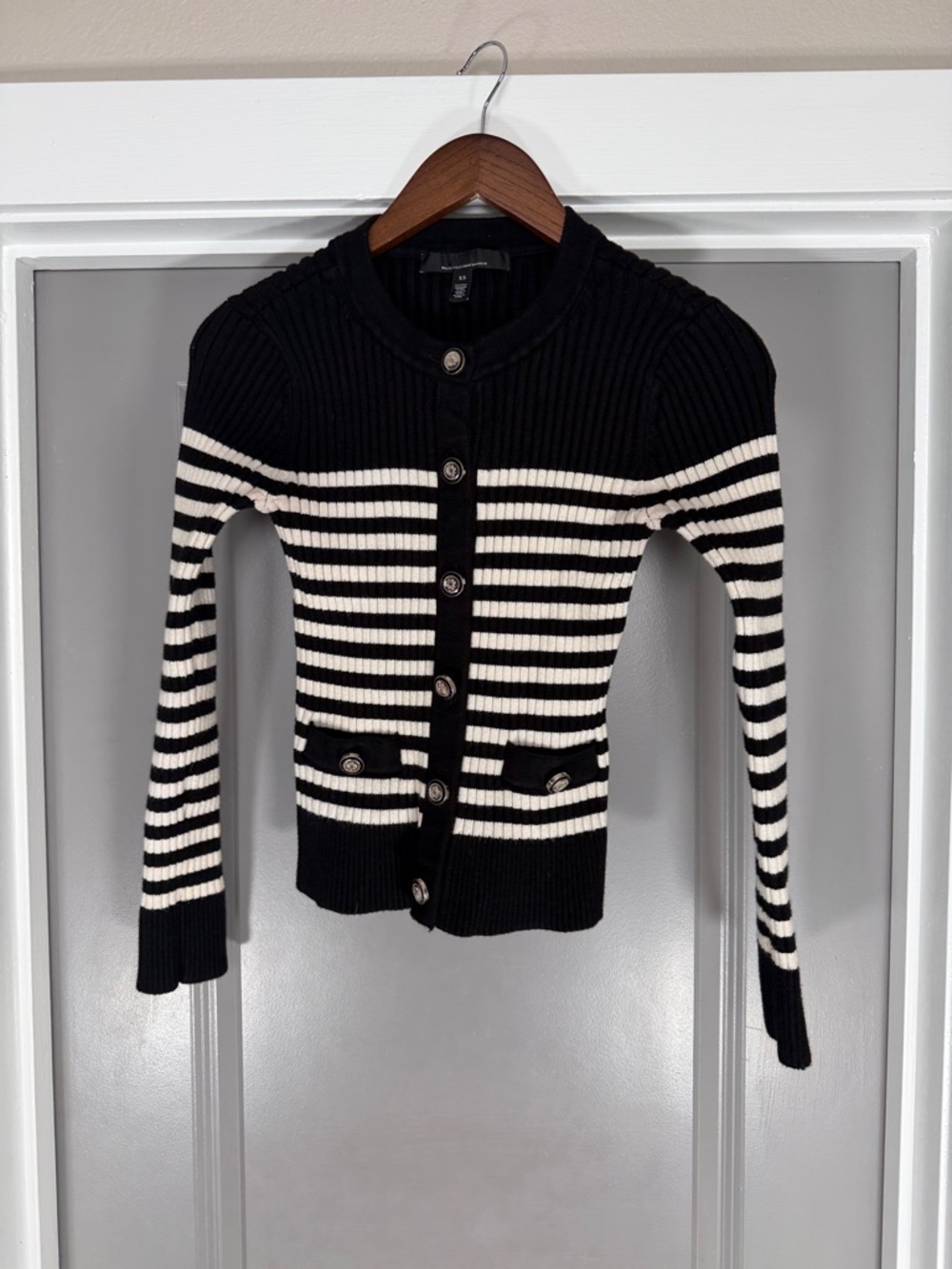 White House Black Market Black & White Striped Rib-Knit Button Cardigan